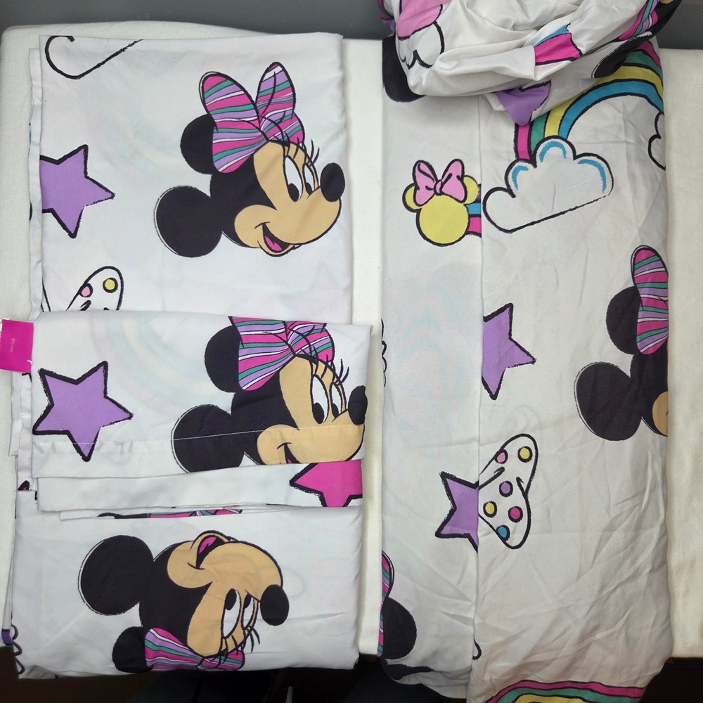 Disney Minnie Mouse 3 Pc Full Sheet Set Unicorn Dreams Rainbow Laugh More Pink